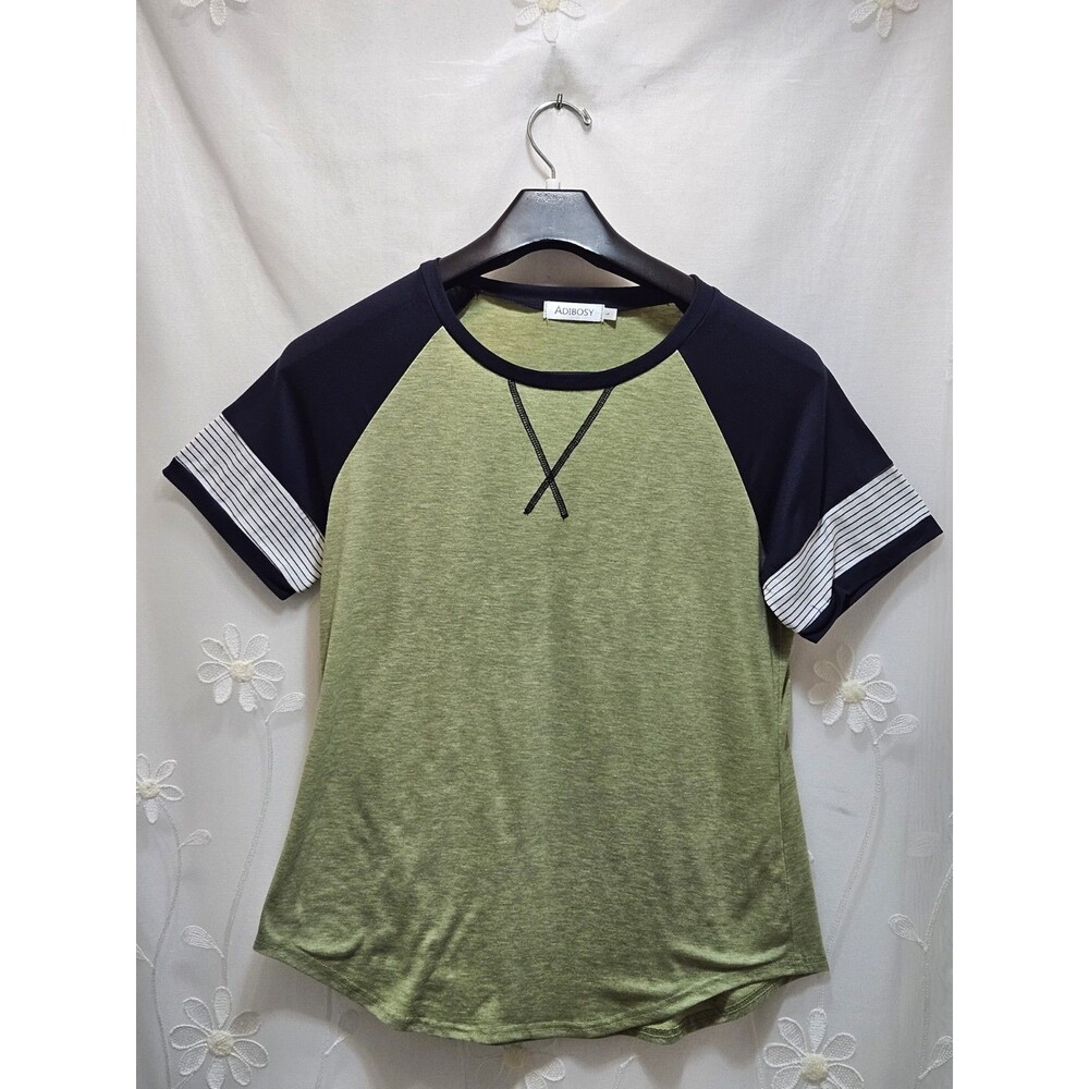 ADIBOSY Womens Large Green Top Color Block Stretch Stripes Soft Basic Comfort